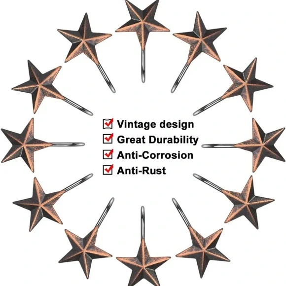 Star Decorative Rustic Shower Curtain Hooks for Home Bathroom, Set of 12, Brown - Picture 2 of 4